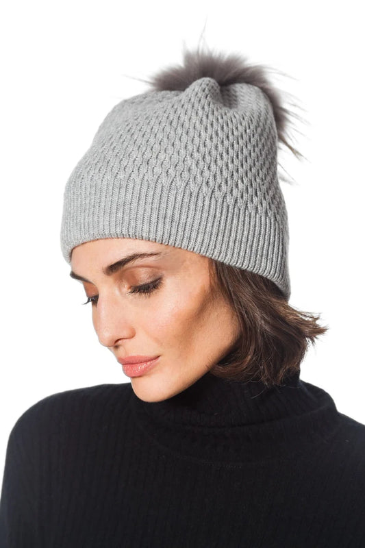 Angora Textured Slouch Hat with Fur Pom by Linda Richards in Dove Grey