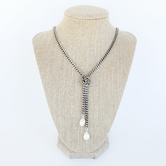 Medium Curb Knotted Necklace with Mini Pearls by Virtue in Silver/White