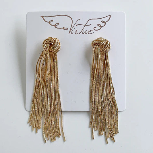 Knotted Metal Fringe Earrings by Virtue in Gold