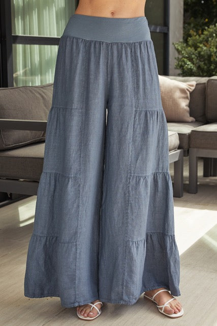 Linen Tiered Palazzo Pant by Milio Milano in Slate Blue