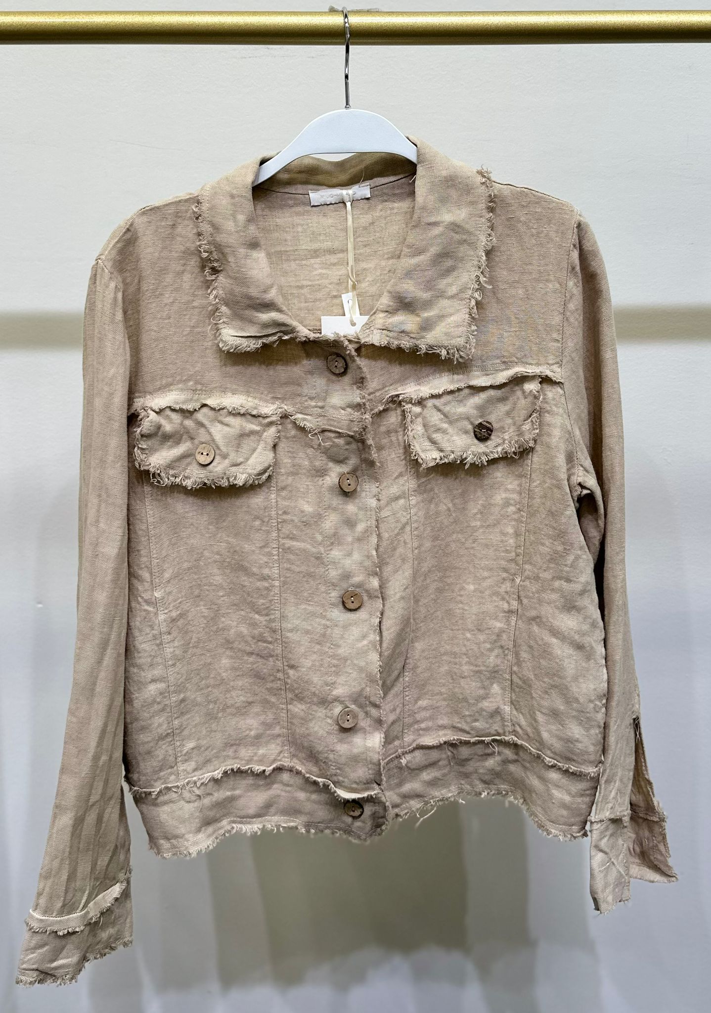 Fringe Hem Button Down Jacket by Milio Milano in Earth Beige