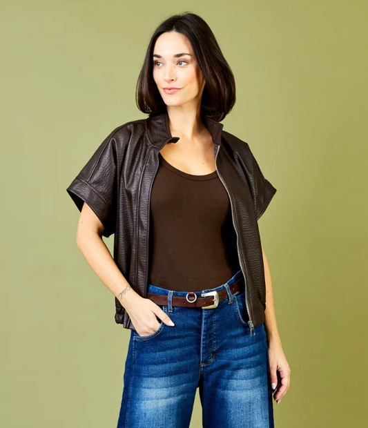 Ivy Faux Leather Zip Jacket London by Suzy D in Brown