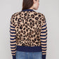 Crew Neck Sweater w/Striped Sleeves by Charlie B in Leopard