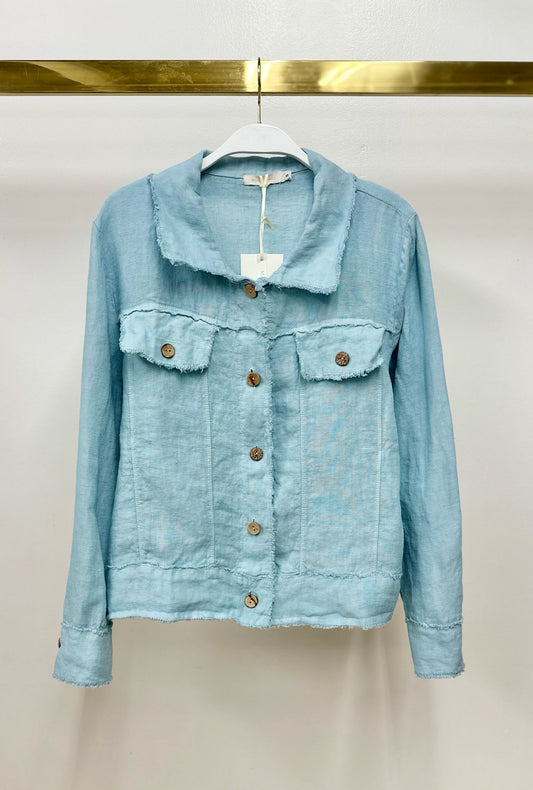 Fringe Hem Button Down Jacket by Milio Milano in Blue Zuccero