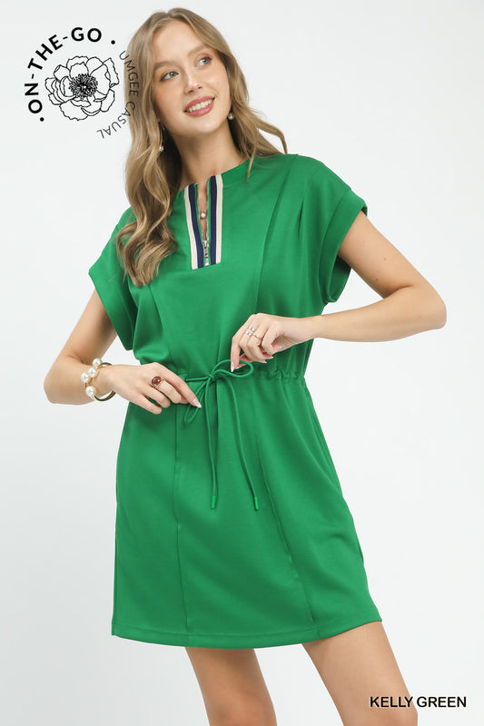 Knit Zip Front Drawstring Dress by Umgee in Kelly Green