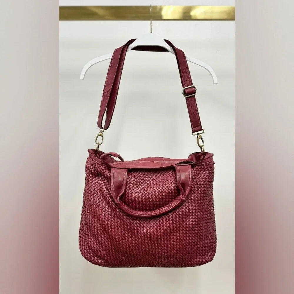 Braided Leather Tote Bag w/Shoulder Strap by Milio Milano in Wine