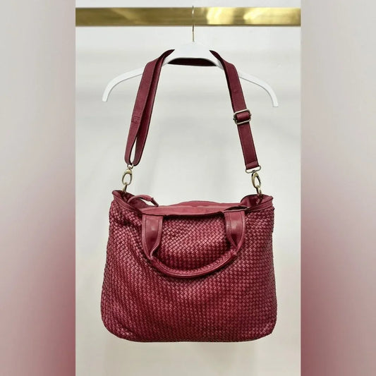 Braided Leather Tote Bag w/Shoulder Strap by Milio Milano in Wine