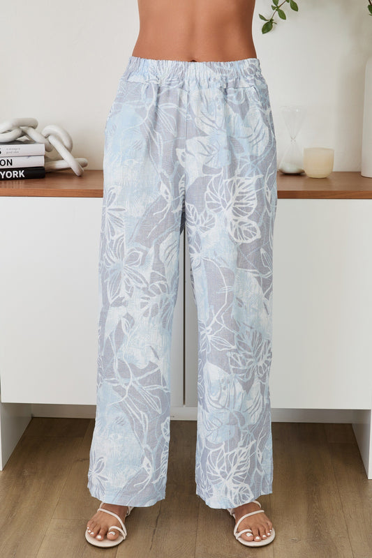Lotus Flower Print Wide Leg Pant by Milio Milano in Antique Blue