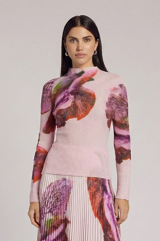 Agata Coral 3D Honeycomb Long Sleeve Texture Top by Wild Cosmos in Petal Pink