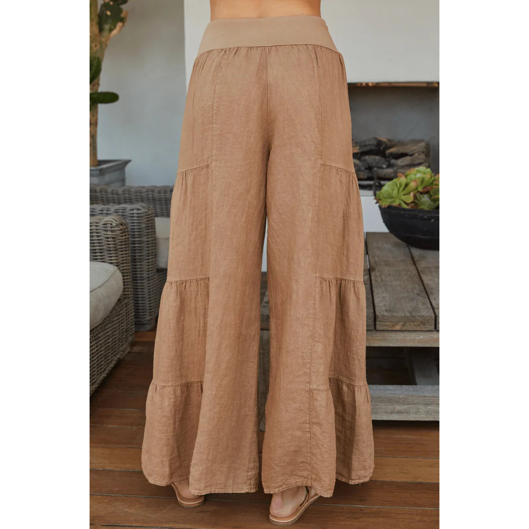 Linen Tiered Palazzo Pant by Milo Milano in Camel