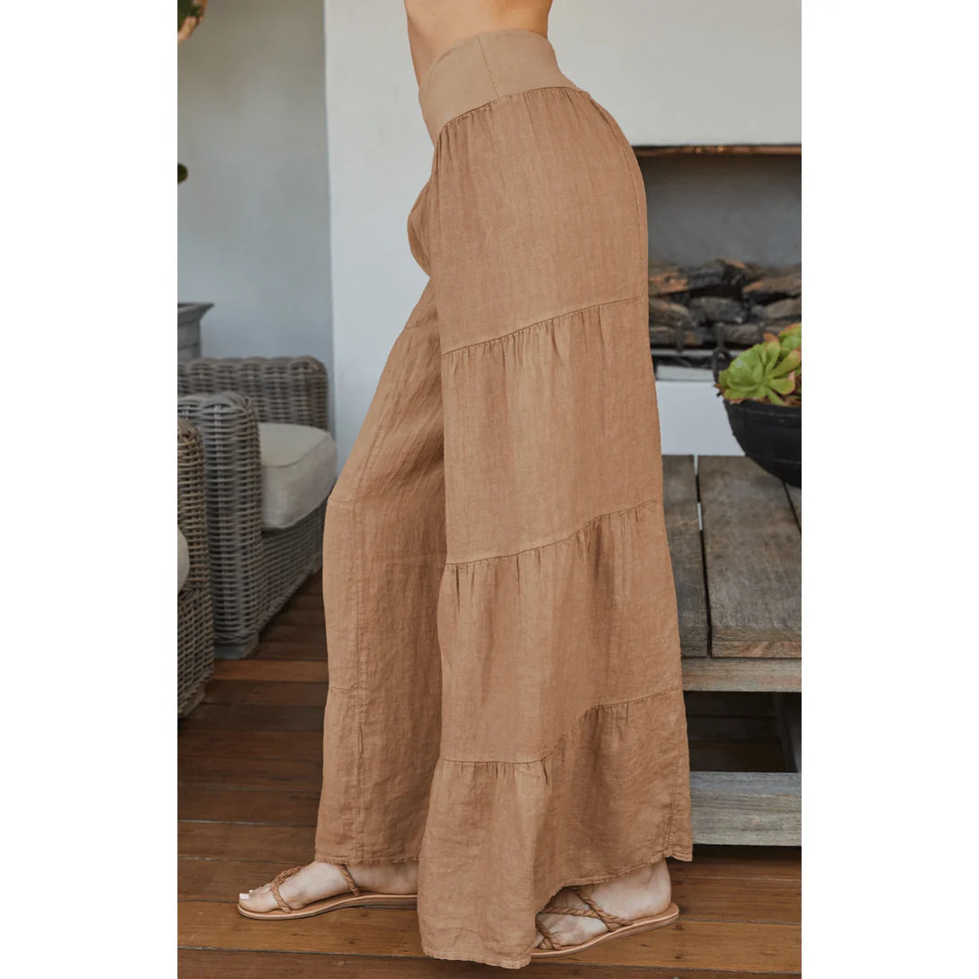 Linen Tiered Palazzo Pant by Milo Milano in Camel