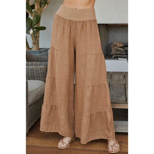 Linen Tiered Palazzo Pant by Milo Milano in Camel