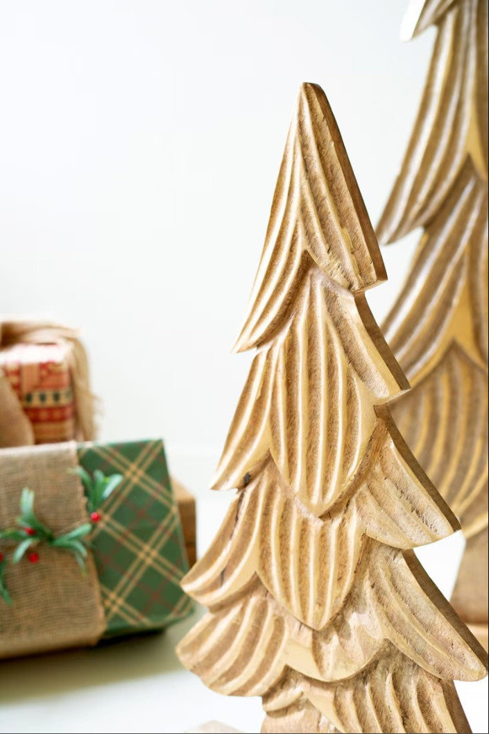 Set of 3 Carved Natural Mango Wood Christmas Trees with Gold Detail by Kalalou