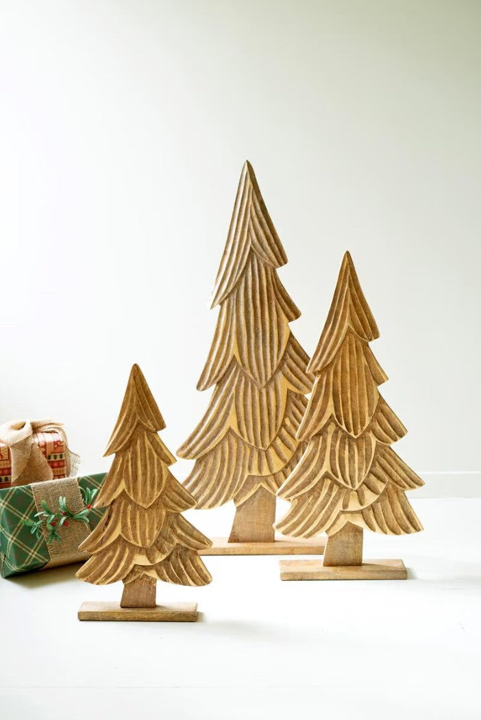 Set of 3 Carved Natural Mango Wood Christmas Trees with Gold Detail by Kalalou