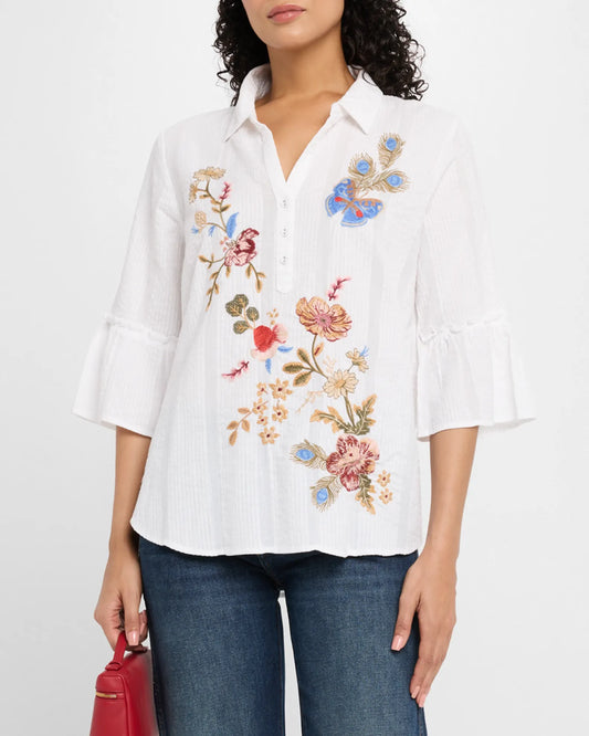 Florrie Ruffle Sleeve Henley Tunic by Johnny Was in White