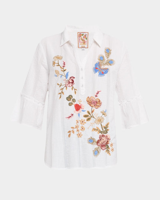 Florrie Ruffle Sleeve Henley Tunic by Johnny Was in White