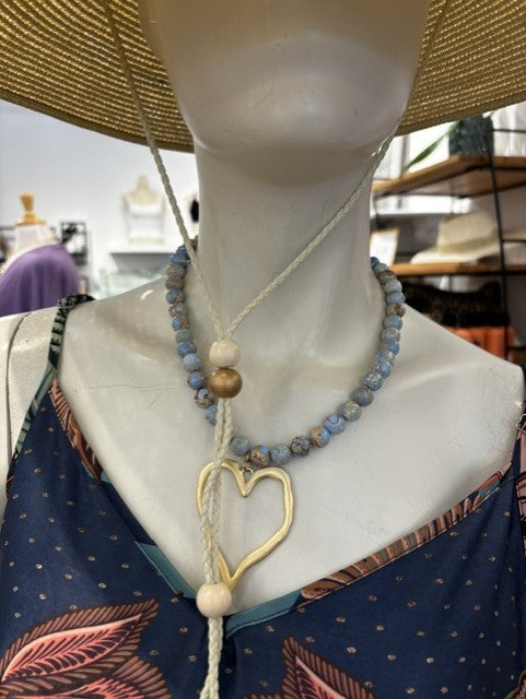 Gemstone Beaded Necklace w/XL Heart by Virtue Jewelry Design in Blue Sea