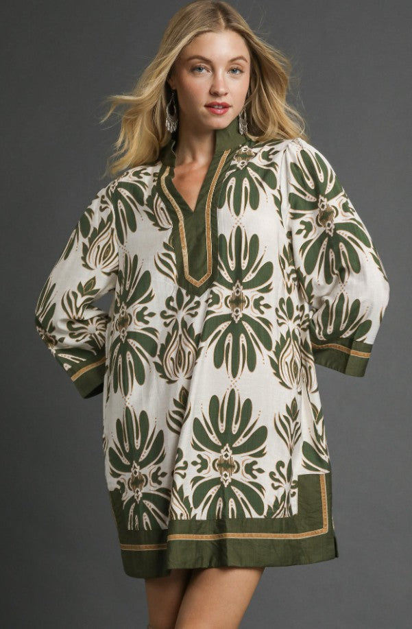 Abstract Print Mini Dress with Velvet Trim by Umgee in Olive Mix