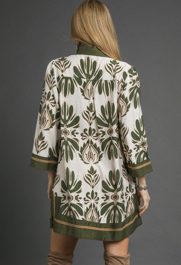 Abstract Print Mini Dress with Velvet Trim by Umgee in Olive Mix