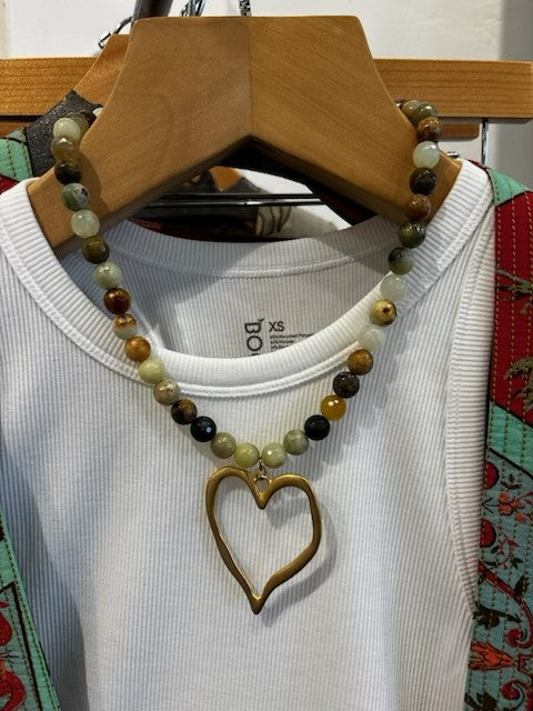 Gemstone Beaded Necklace w/XL Heart by Virtue Jewelry Design in Olive/Brown Multi