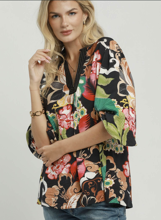 Floral Print Smocked Sleeve Blouse by Umgee in Black