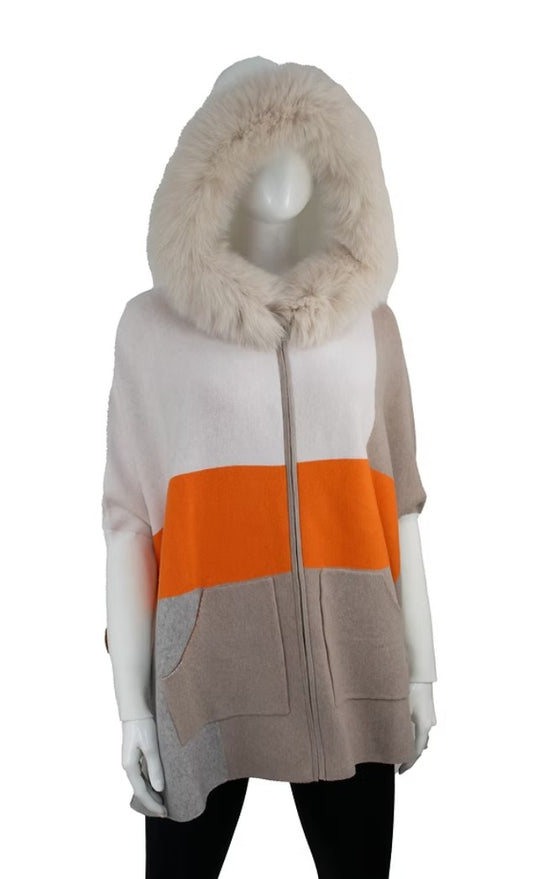 Colorblock Knit Poncho w/Detachable Fox Trim Hood by Mitchie's Matchings in Orange/Taupe