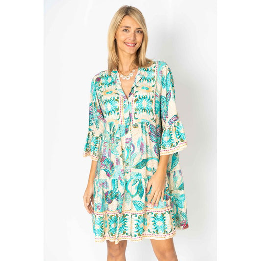 Flower Printed Dress by Look Mode in Turquoise