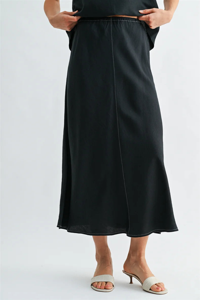 Linen Elastic Waist Skirt by Fun2Fun in Charcoal