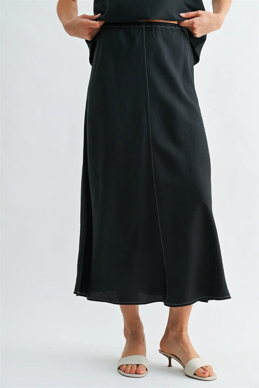 Linen Elastic Waist Skirt by Fun2Fun in Charcoal