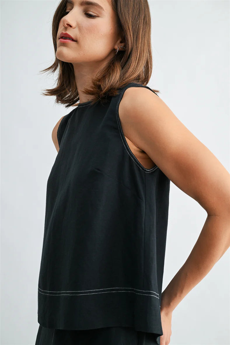 Linen Pleated Back Sleeveless Top by Fun2Fun in Charcoal