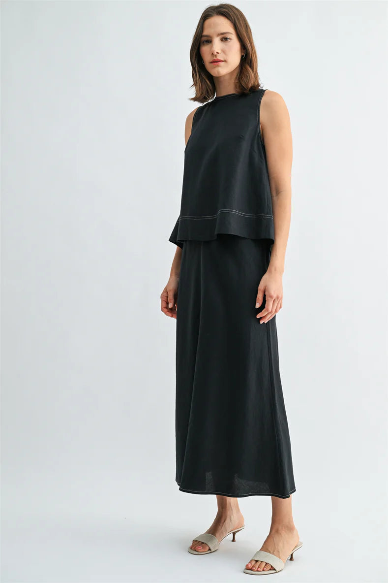 Linen Elastic Waist Skirt by Fun2Fun in Charcoal