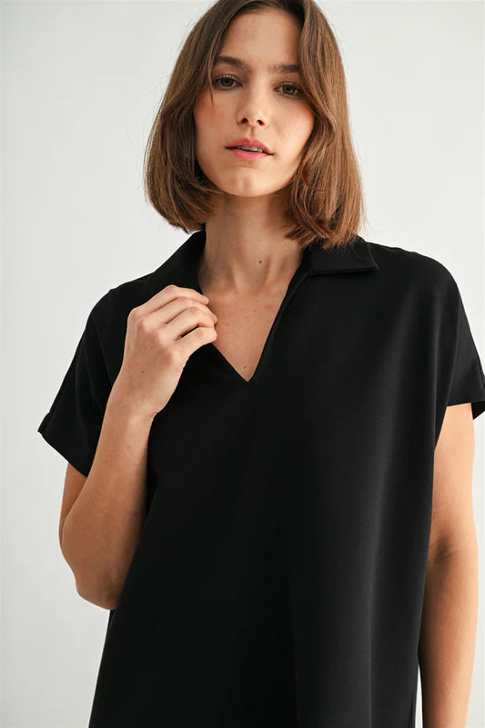 Wide Shoulder Collared Knit V Neck Top by Fun2Fun in Black