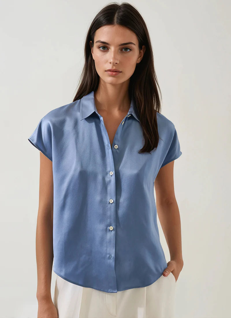 Short Sleeve Silk Satin Dolman Sleeve Shirt by Patrick Assaraf in Lake