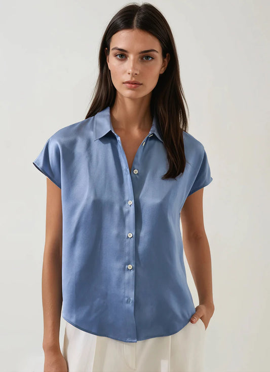 Short Sleeve Silk Satin Dolman Sleeve Shirt by Patrick Assaraf in Lake