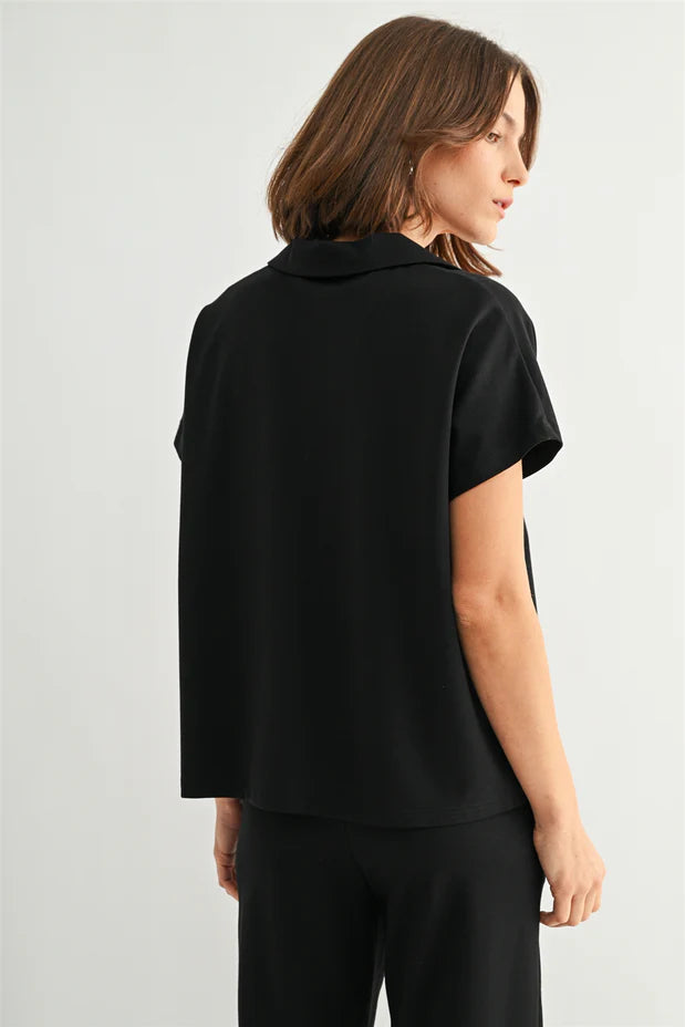 Wide Shoulder Collared Knit V Neck Top by Fun2Fun in Black