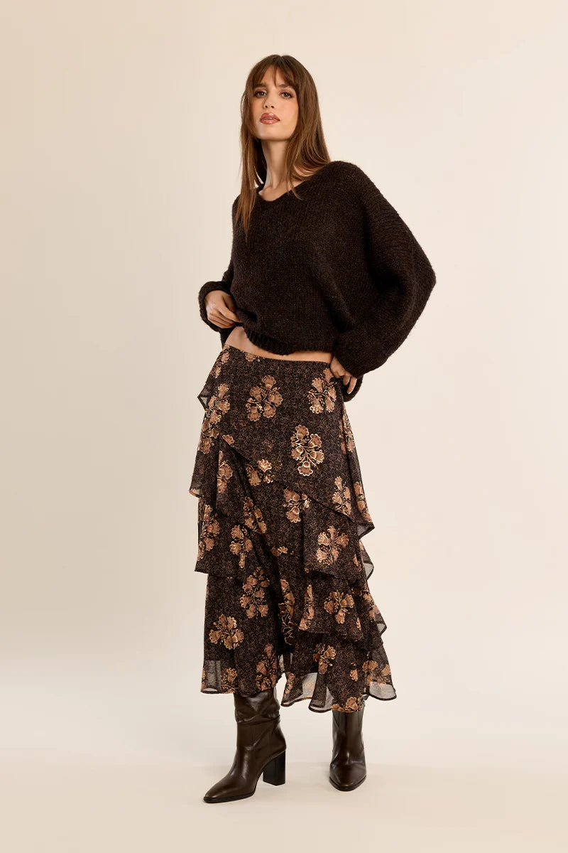 Knitted V-Neck Sweater by Molly Bracken in Chocolate