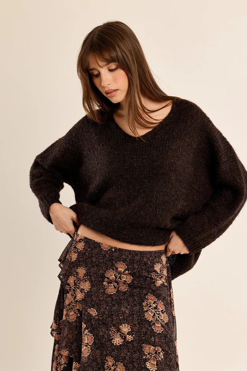 Knitted V-Neck Sweater by Molly Bracken in Chocolate