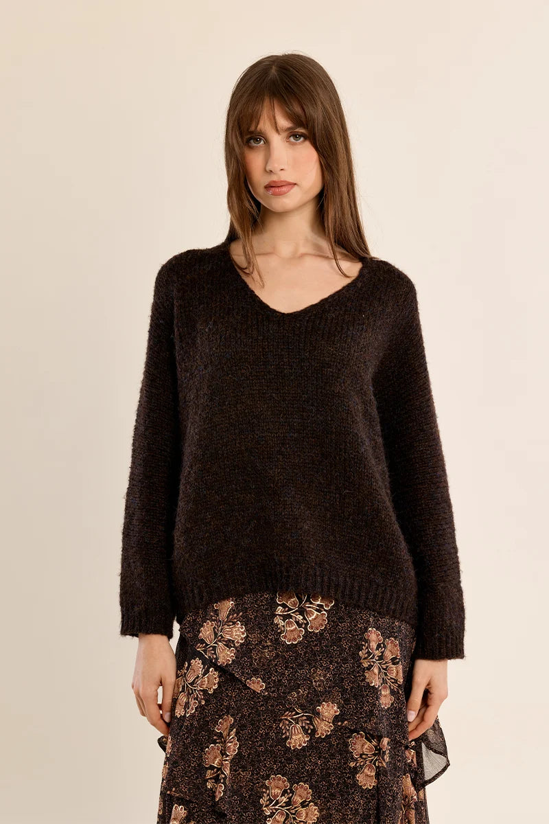 Knitted V-Neck Sweater by Molly Bracken in Chocolate