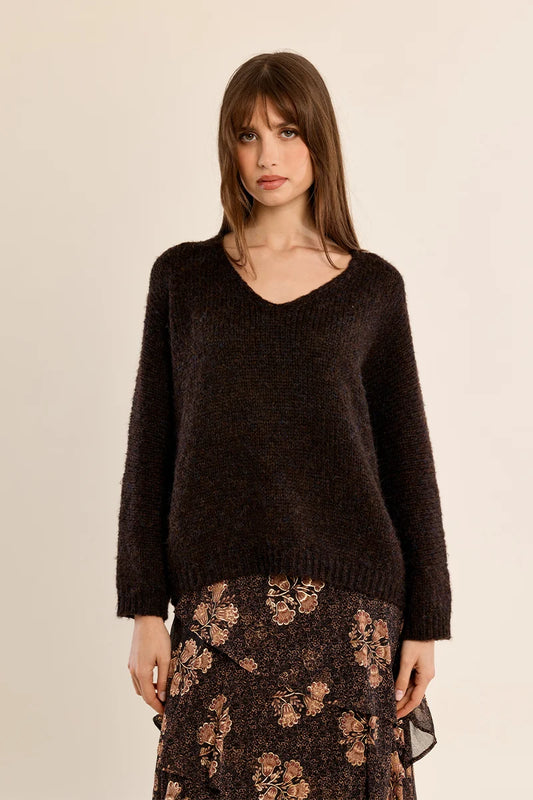 Knitted V-Neck Sweater by Molly Bracken in Chocolate