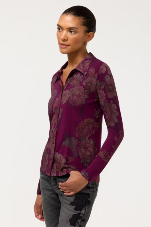 The Janie Favorite Fitted Long Sleeve Button Down by Johnny Was in Tazari Burgundy
