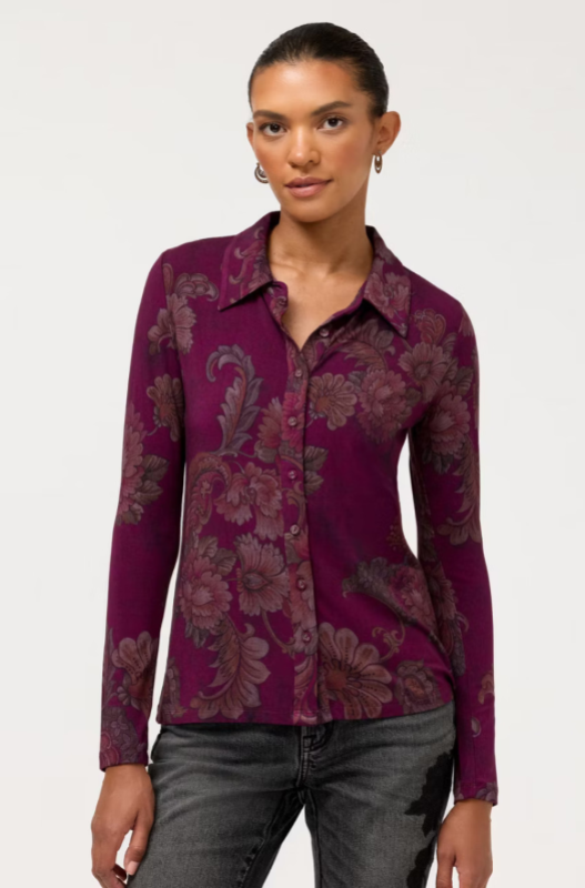The Janie Favorite Fitted Long Sleeve Button Down by Johnny Was in Tazari Burgundy