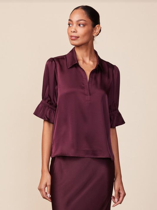 Cinched Sleeve Satin Top by ANTHEM the label in Wine
