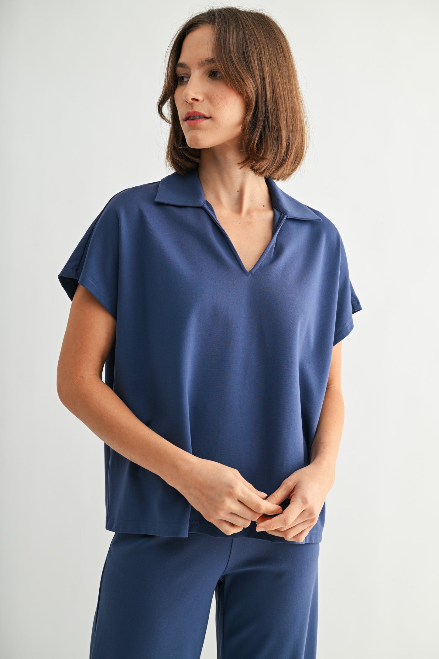 Jersey Knit V Neck Top by Fun2Fun in Slate