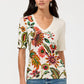 The Janie Favorite Fitted V-Neck Elbow Sleeve Tee by Johnny Was in Valley of the Fleurs White