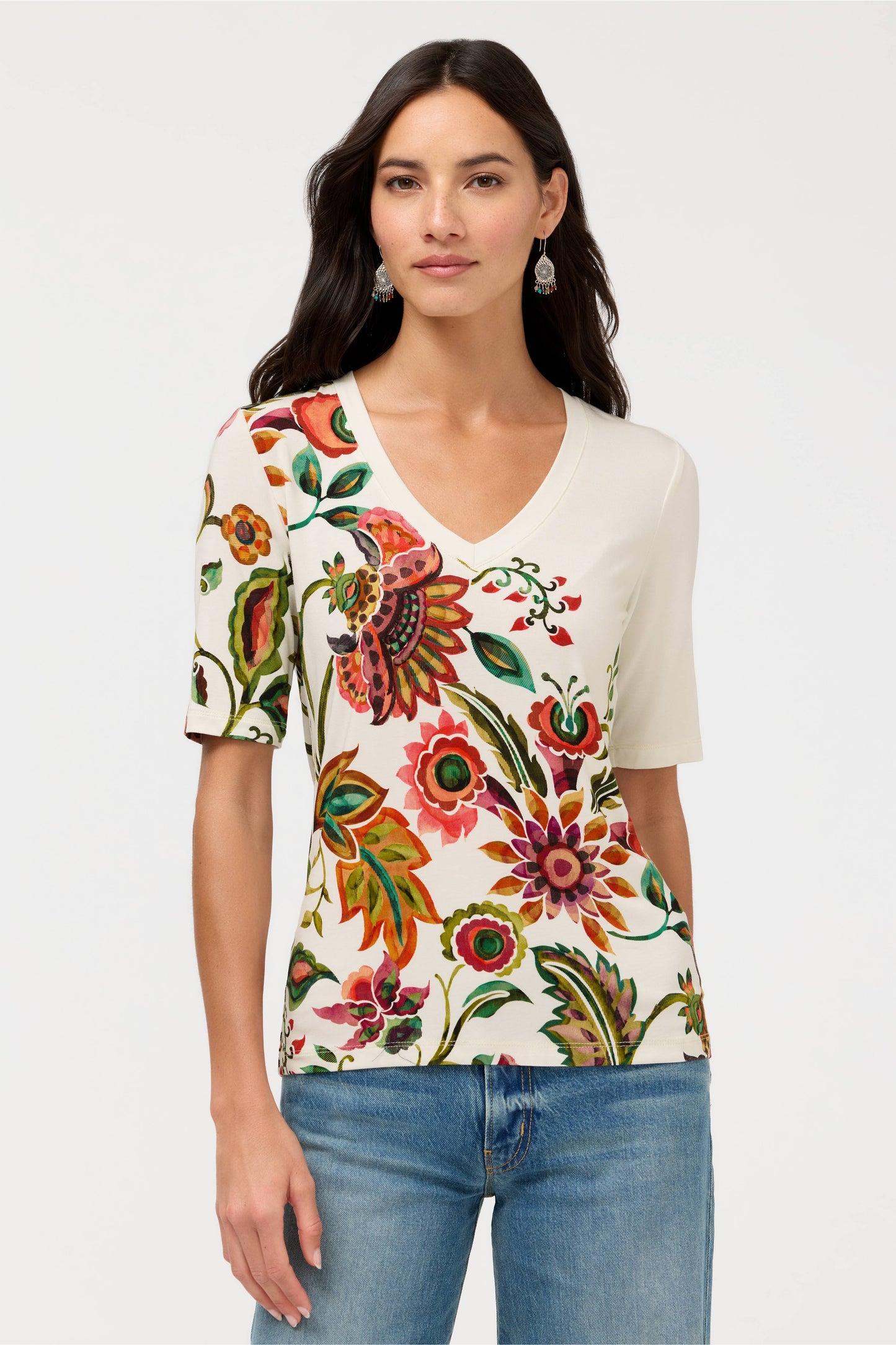The Janie Favorite Fitted V-Neck Elbow Sleeve Tee by Johnny Was in Valley of the Fleurs White