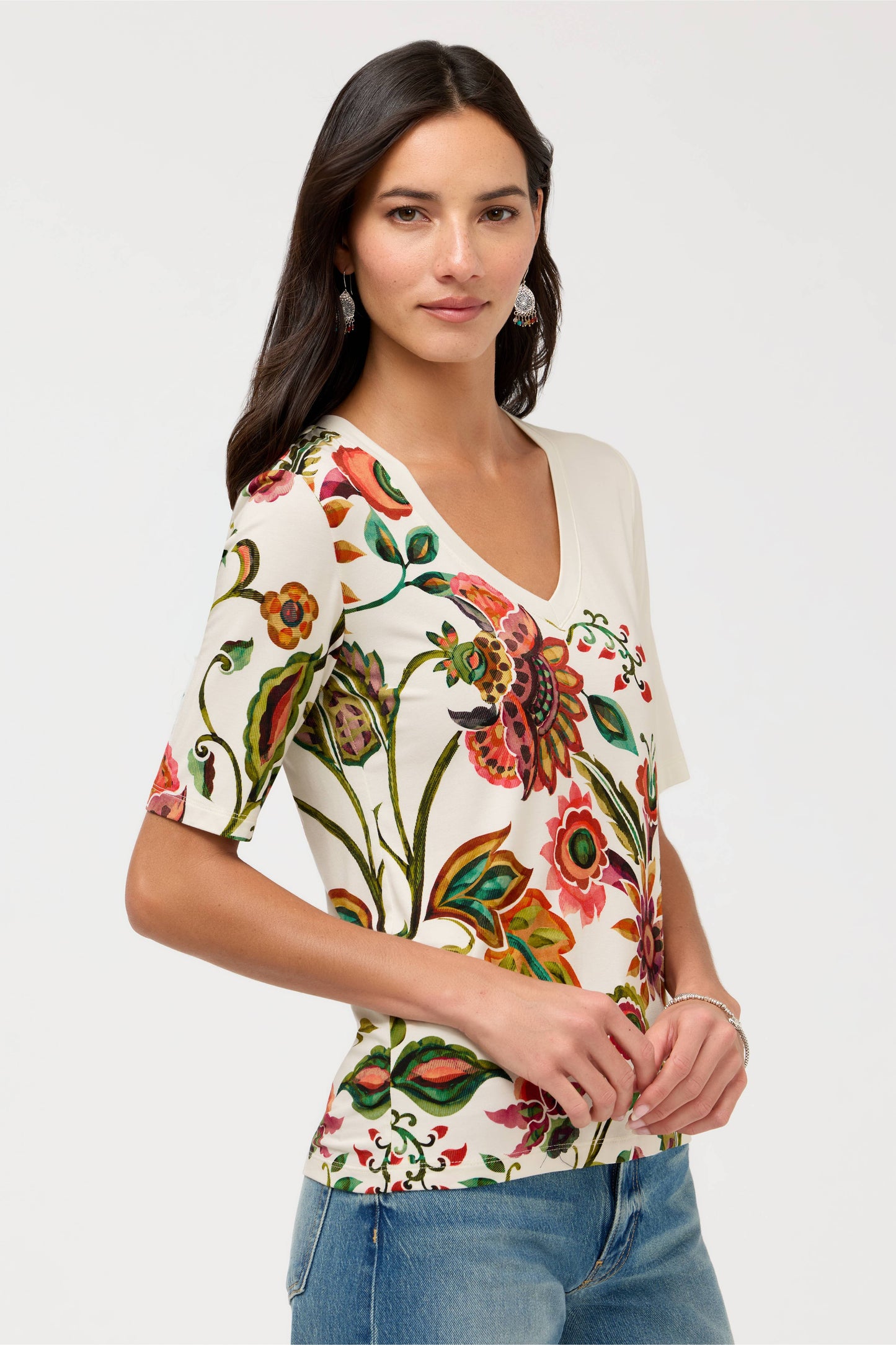 The Janie Favorite Fitted V-Neck Elbow Sleeve Tee by Johnny Was in Valley of the Fleurs White