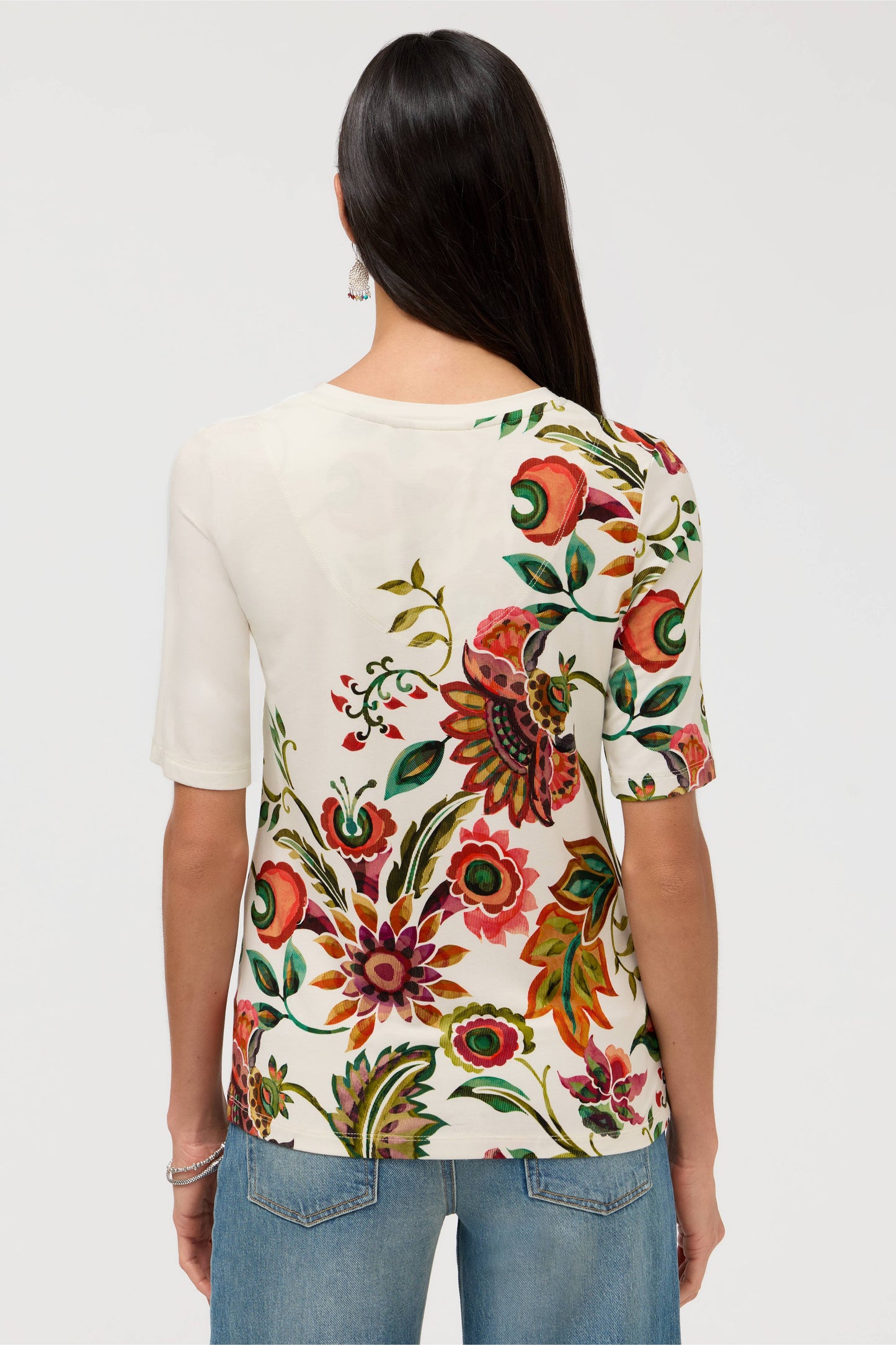 The Janie Favorite Fitted V-Neck Elbow Sleeve Tee by Johnny Was in Valley of the Fleurs White
