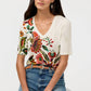 The Janie Favorite Fitted V-Neck Elbow Sleeve Tee by Johnny Was in Valley of the Fleurs White
