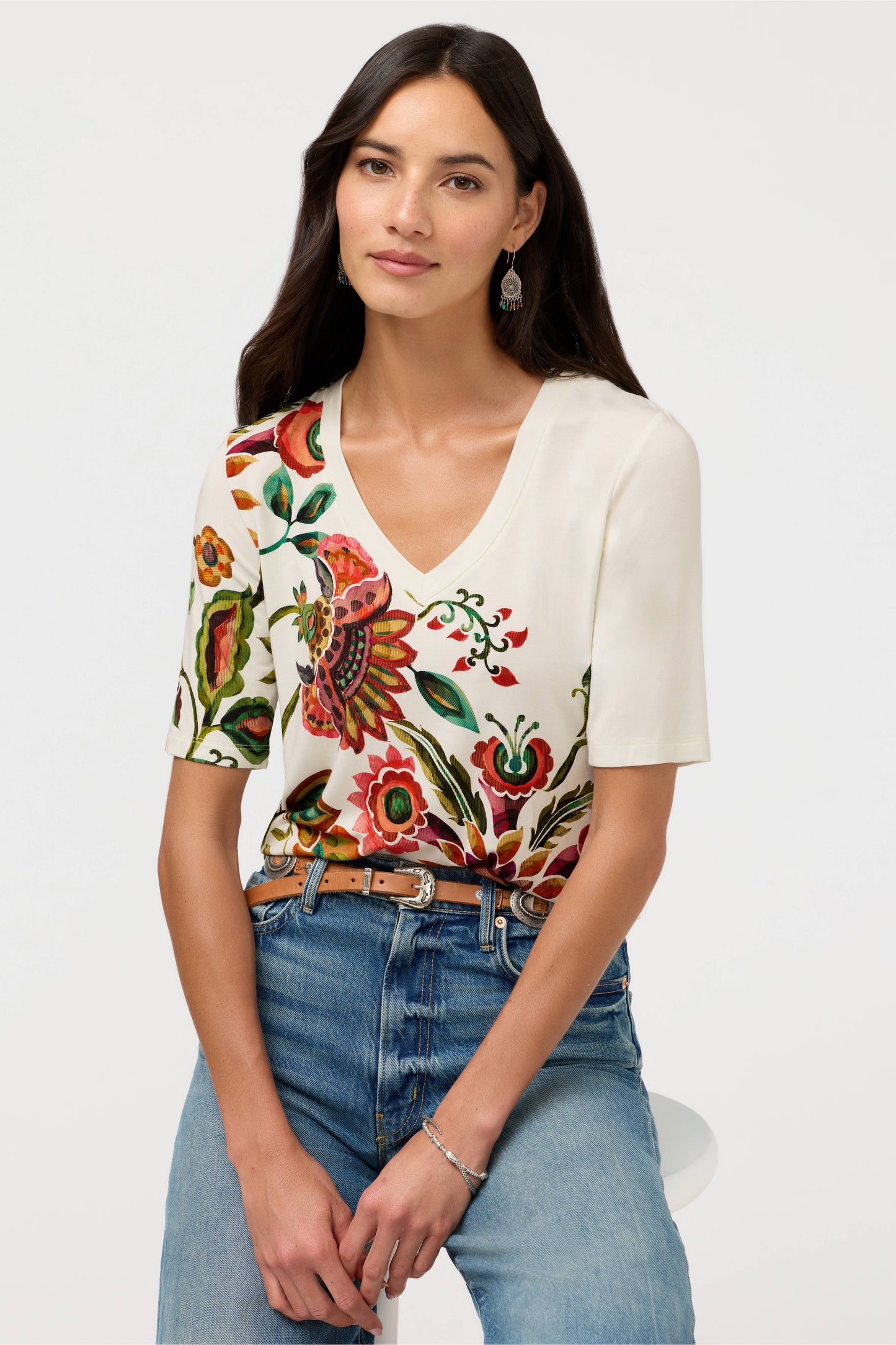 The Janie Favorite Fitted V-Neck Elbow Sleeve Tee by Johnny Was in Valley of the Fleurs White