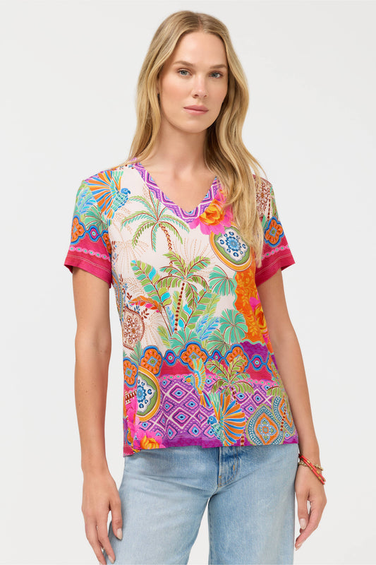 The Janie Favorite Short Sleeve V-Neck Swing Tee by Johnny Was in Avelar